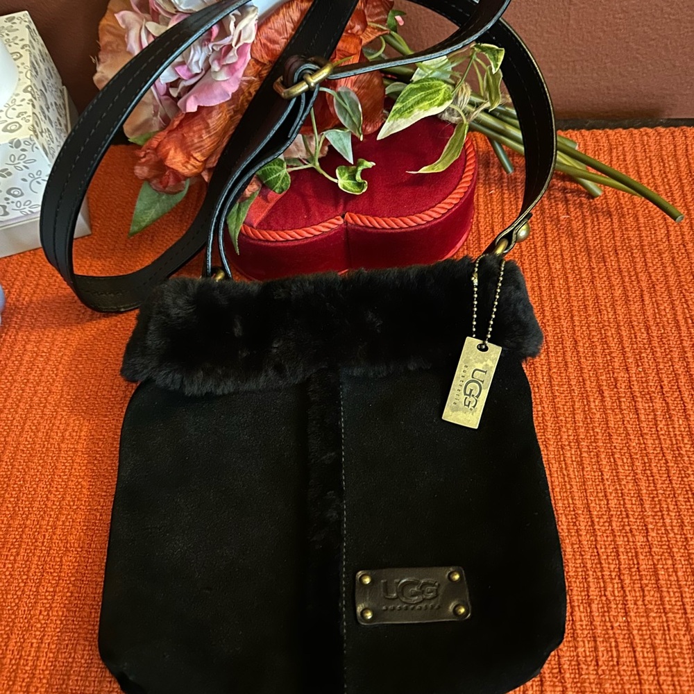 UGG Black sued Fur-Trimmed Crossbody Bag